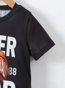 SHEIN Young Boy 2pcs Black Sports Set With Portrait & Letter Print, Cute Round Neck And Regular Sleeves, For Summer, School, Campus, College - Black - View 8