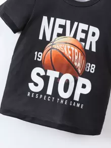 SHEIN Young Boy 2pcs Black Sports Set With Portrait & Letter Print, Cute Round Neck And Regular Sleeves, For Summer, School, Campus, College - Black - View 4