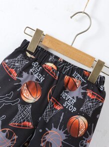 SHEIN Young Boy 2pcs Black Sports Set With Portrait & Letter Print, Cute Round Neck And Regular Sleeves, For Summer, School, Campus, College - Black - View 6
