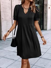 SHEIN LUNE Notched Neckline Plicated Detail Puff Sleeve Dress - Black - View 4