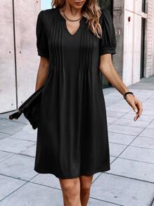 SHEIN LUNE Notched Neckline Plicated Detail Puff Sleeve Dress - Black - View 5