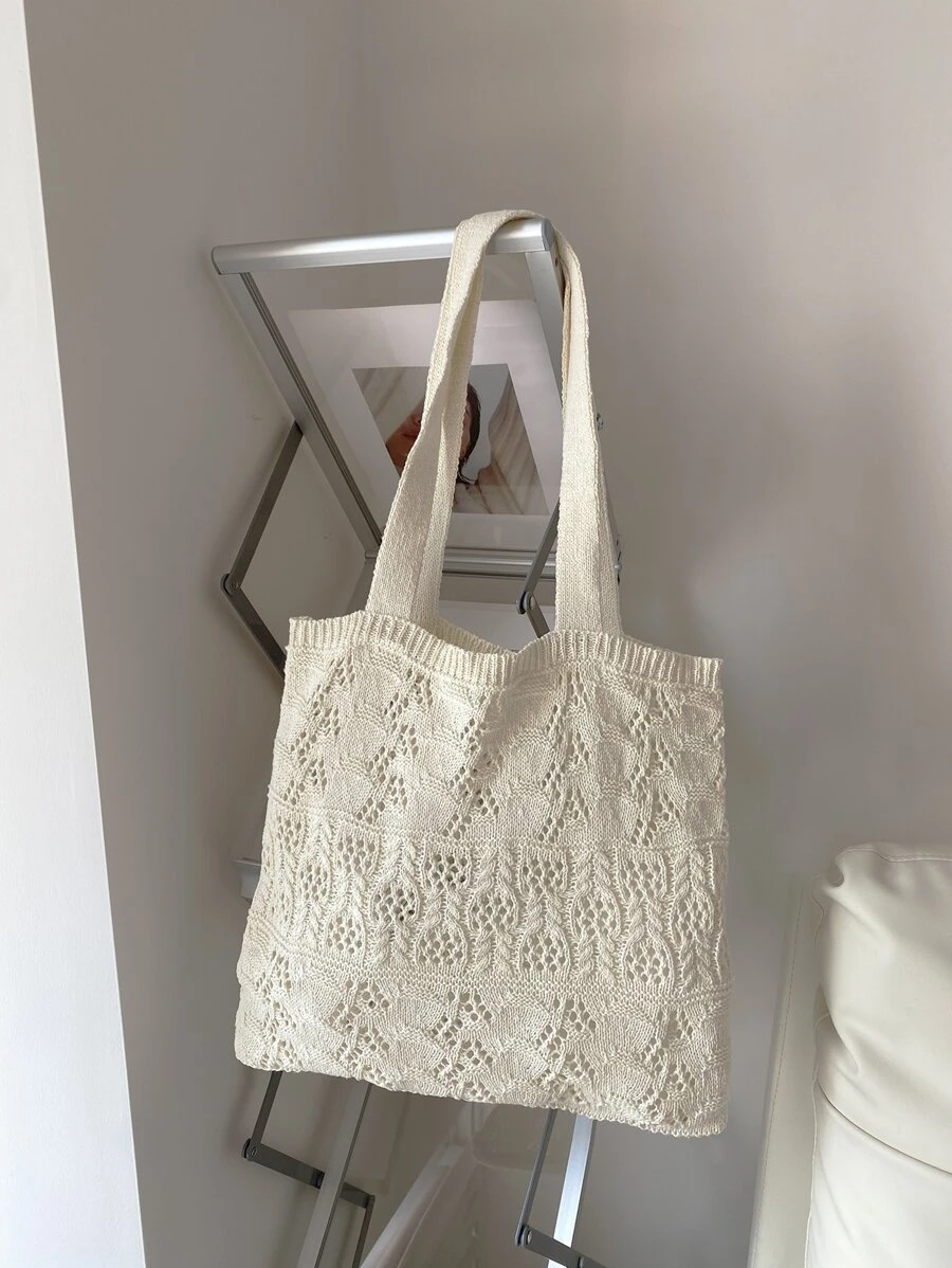 極簡鉤針編織袋雙把手適用於度假旅行 - 米色 - 查看 1