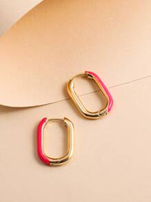 1對幾何形狀油滴設計耳夾耳環 - 玫紅色 - 查看 2