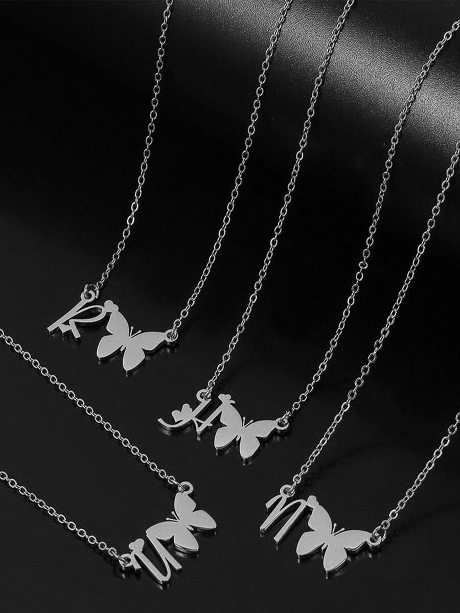 1 pieza Collar con letras del abecedario y mariposa hueca de acero inoxidable de moda - Plateado - Ver 1