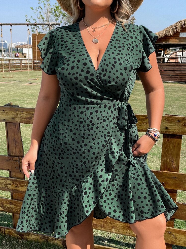 INAWLY Plus Dalmatian Print Butterfly Sleeve Wrap Knot Side Ruffle Hem Dress - Dark Green - View 5