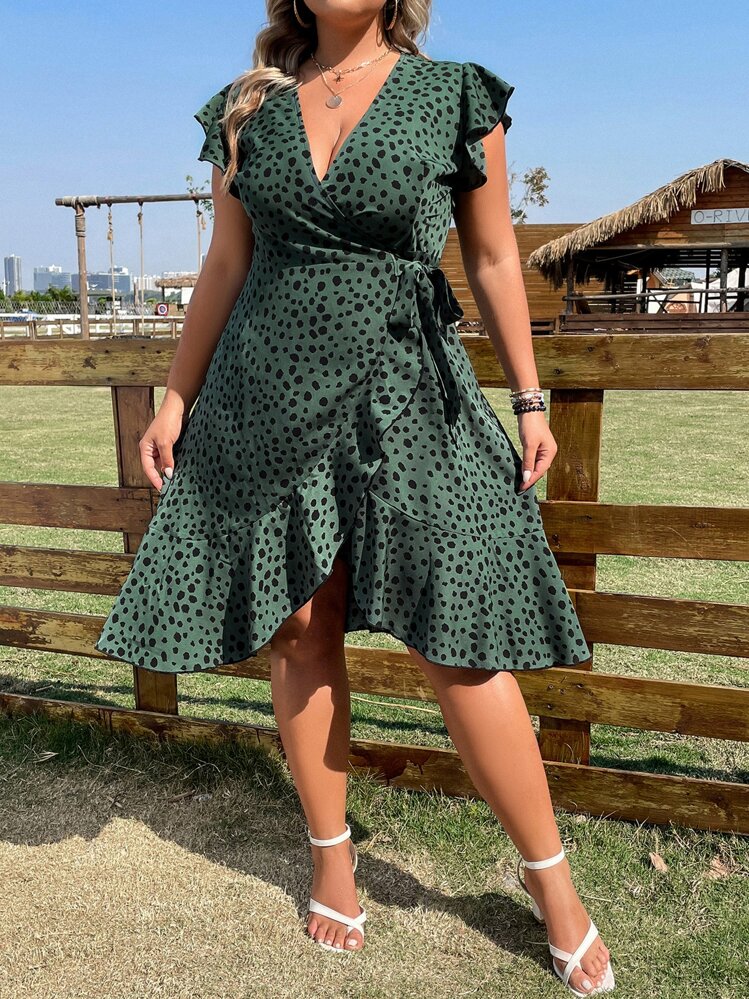 INAWLY Plus Dalmatian Print Butterfly Sleeve Wrap Knot Side Ruffle Hem Dress - Dark Green - View 7