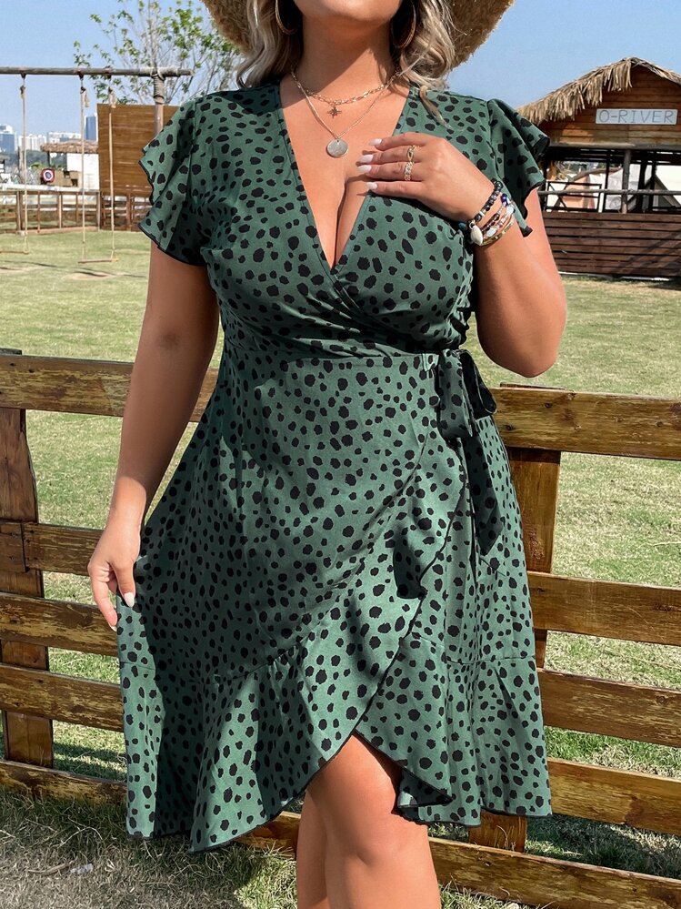 INAWLY Plus Dalmatian Print Butterfly Sleeve Wrap Knot Side Ruffle Hem Dress - Dark Green - View 3