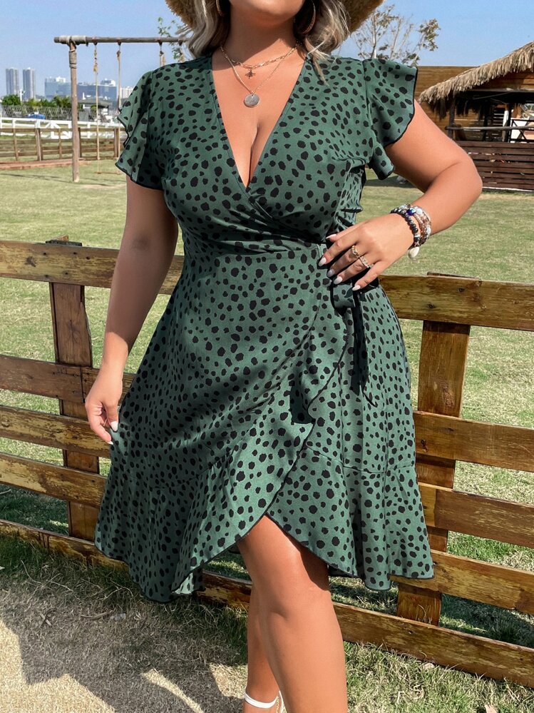 INAWLY Plus Dalmatian Print Butterfly Sleeve Wrap Knot Side Ruffle Hem Dress - Dark Green - View 2