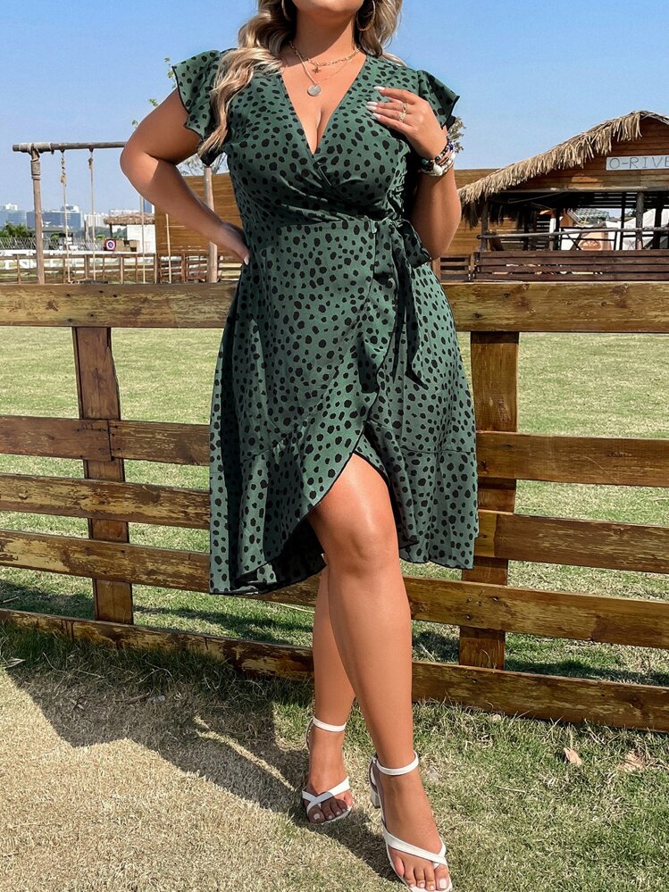 INAWLY Plus Dalmatian Print Butterfly Sleeve Wrap Knot Side Ruffle Hem Dress - Dark Green - View 1