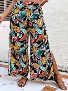 SHEIN Holidaya Plus Tropical Print Split Thigh Wide Leg Trousers - Navy Blue - View 1