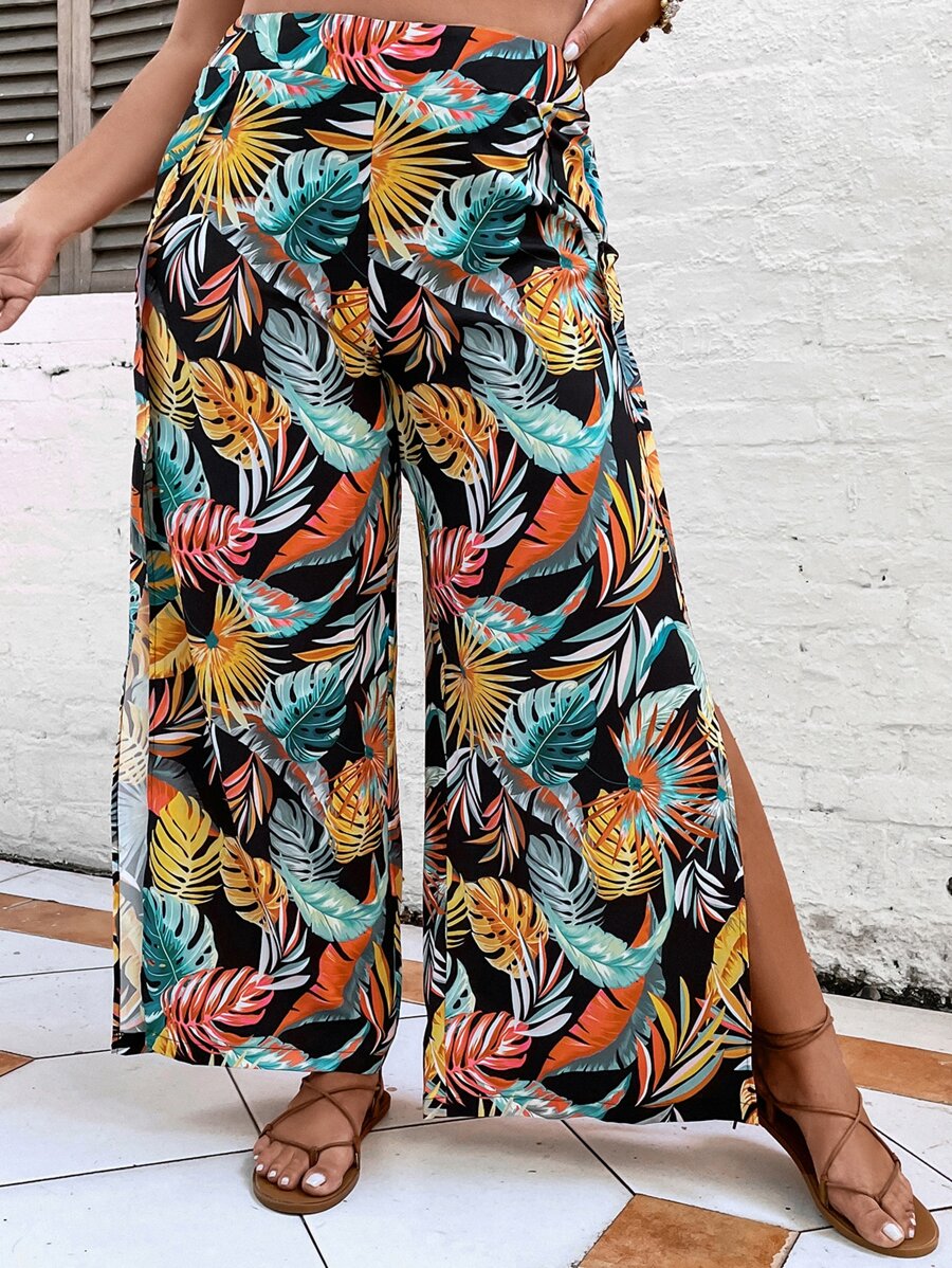 SHEIN Holidaya Plus Tropical Print Split Thigh Wide Leg Trousers - Navy Blue - View 1