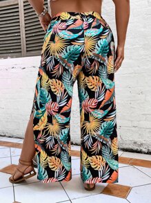SHEIN Holidaya Plus Tropical Print Split Thigh Wide Leg Trousers - Navy Blue - View 2