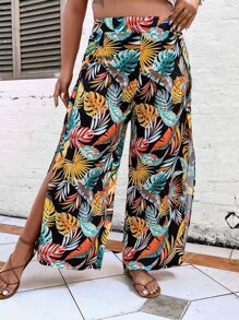 SHEIN Holidaya Plus Tropical Print Split Thigh Wide Leg Trousers - Navy Blue - View 5