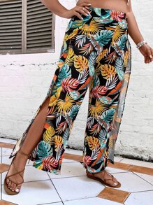 SHEIN Holidaya Plus Tropical Print Split Thigh Wide Leg Trousers - Navy Blue - View 6