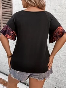 SHEIN LUNE Plus Floral Print Flounce Sleeve Tee - Black - View 4