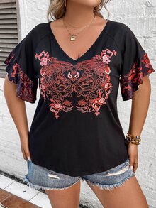 SHEIN LUNE Plus Floral Print Flounce Sleeve Tee - Black - View 5