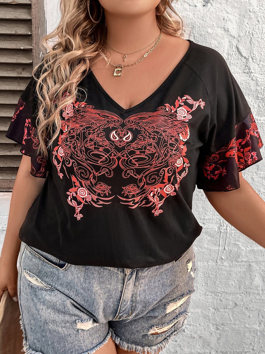 SHEIN LUNE Plus Floral Print Flounce Sleeve Tee - Black - View 1
