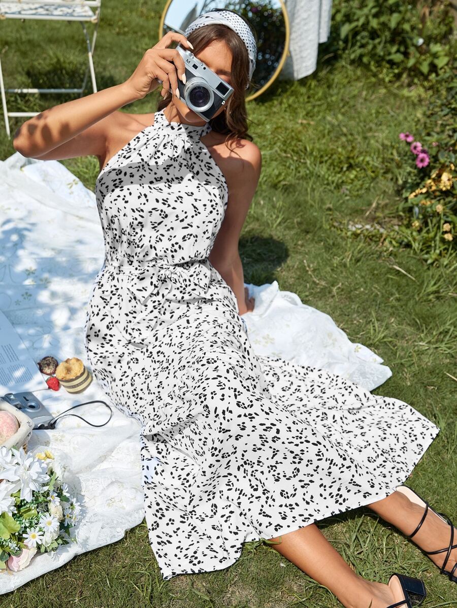 Mulvari Allover Print Belted Halter Dress - White - View 1