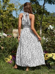 Mulvari Allover Print Belted Halter Dress - White - View 2