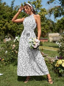 Mulvari Allover Print Belted Halter Dress - White - View 3