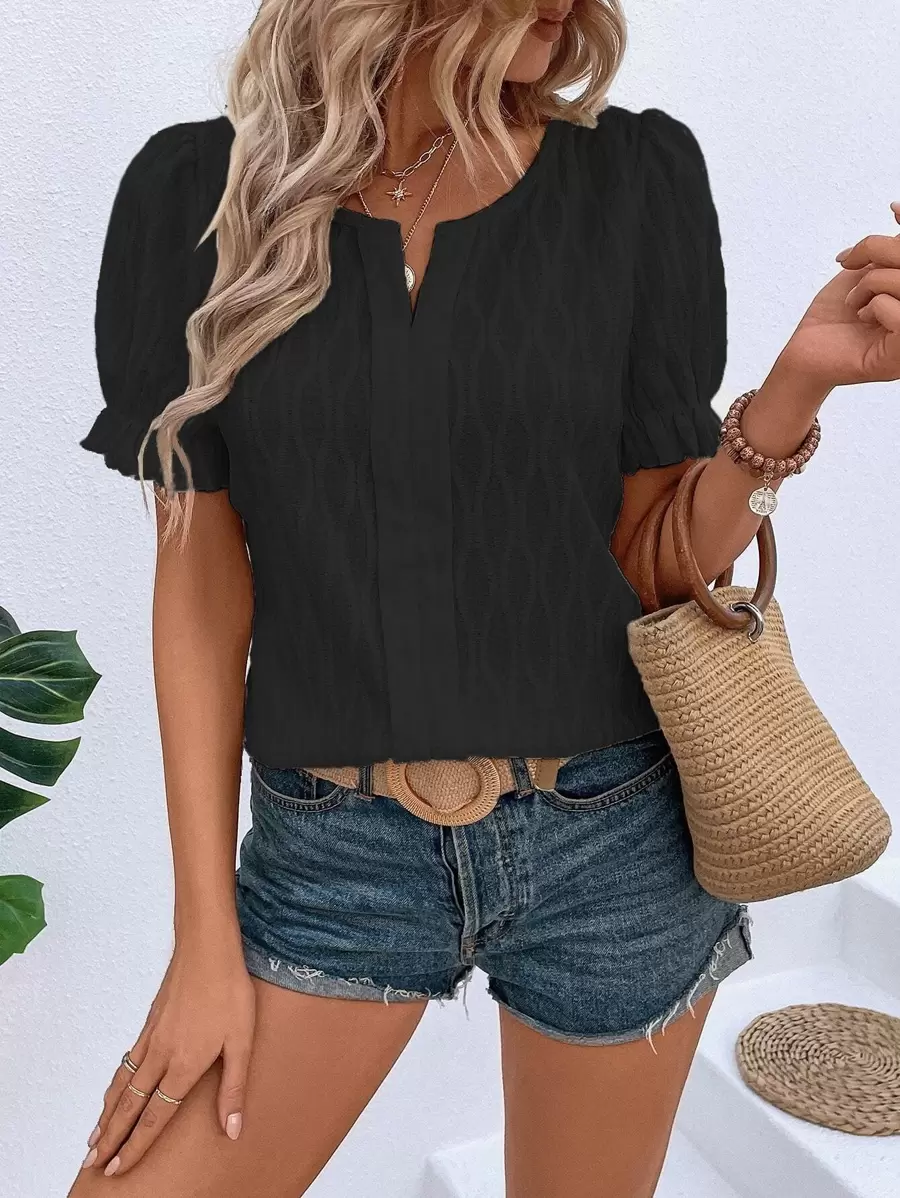 Breezaya Solid Notched Neck Puff Sleeve Blouse - Black - View 1