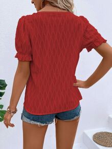 SHEIN VCAY 素色缺口領泡泡袖襯衫 - 紅色 - 查看 2