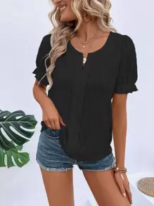 Breezaya Solid Notched Neck Puff Sleeve Blouse - Black - View 6