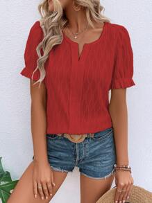 SHEIN VCAY 素色缺口領泡泡袖襯衫 - 紅色 - 查看 3