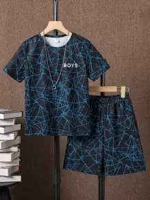 SHEIN Tween Boy Geo & Letter Graphic Tee & Shorts - Black - View 3