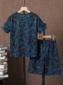 SHEIN Tween Boy Geo & Letter Graphic Tee & Shorts - Black - View 2