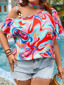 SHEIN Holidaya 大碼滿版印花不對稱領鏈條細節襯衫 - 彩色 - 查看 3