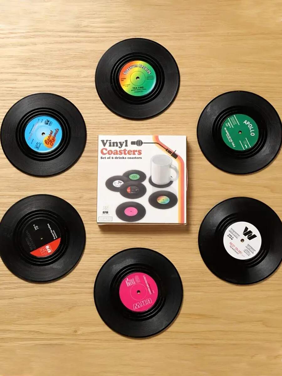 6pcs/set ABS Coaster, Creative Record Design Drink Coaster With Gift Box For Dining Table - Black - View 1