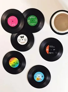 6pcs/set ABS Coaster, Creative Record Design Drink Coaster With Gift Box For Dining Table - Black - View 2