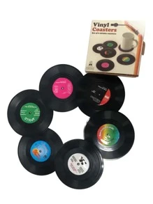 6pcs/set ABS Coaster, Creative Record Design Drink Coaster With Gift Box For Dining Table - Black - View 4