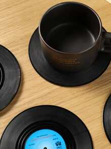6pcs/set ABS Coaster, Creative Record Design Drink Coaster With Gift Box For Dining Table - Black - View 6