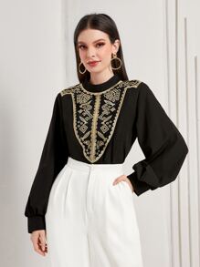 Modelyn Floral Embroidery Mock Neck Lantern Sleeve Blouse - Black - View 1