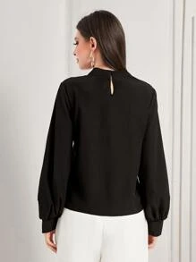 Modelyn Floral Embroidery Mock Neck Lantern Sleeve Blouse - Black - View 2