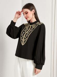 Modelyn Floral Embroidery Mock Neck Lantern Sleeve Blouse - Black - View 3