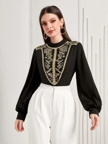 Modelyn Floral Embroidery Mock Neck Lantern Sleeve Blouse - Black - View 4