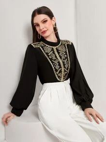 Modelyn Floral Embroidery Mock Neck Lantern Sleeve Blouse - Black - View 5