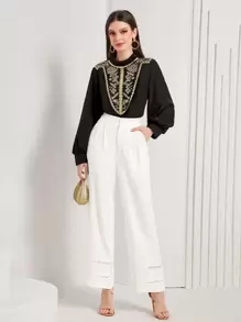 Modelyn Floral Embroidery Mock Neck Lantern Sleeve Blouse - Black - View 6