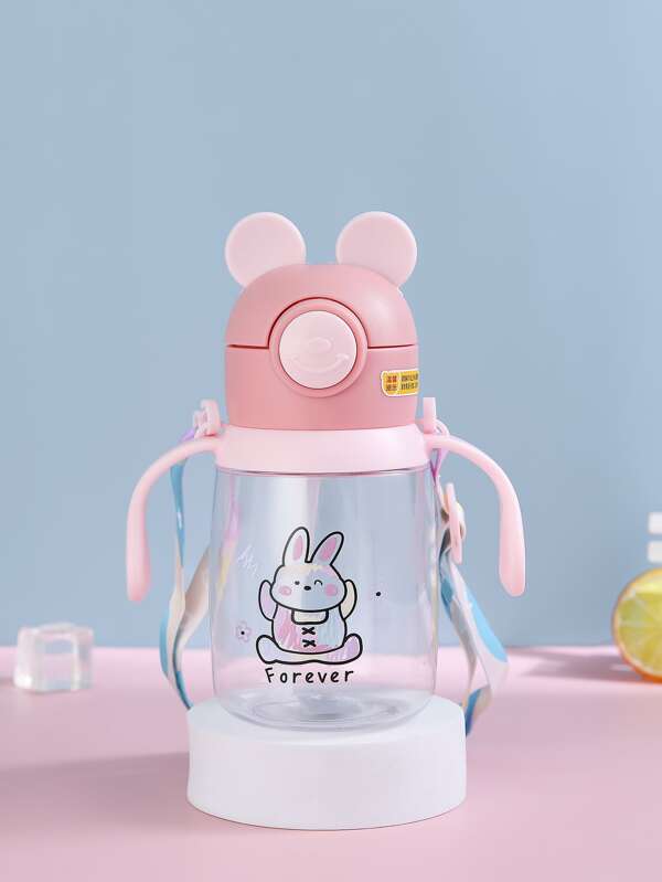 1pc PC Water Bottle, Cartoon Rabbit & Letter Graphic Drinking Bottle With Straw Lid For Kids
