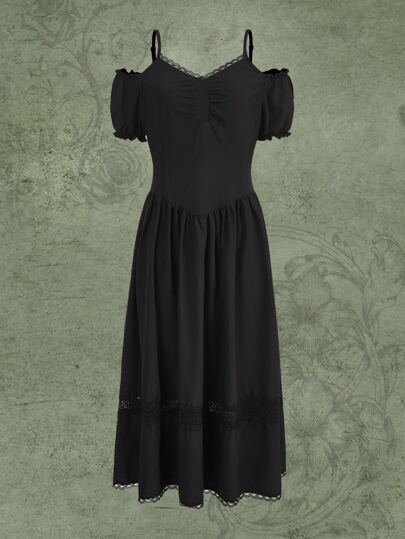 فستان موحدة اللون دانتيل متباين اللون كتف مكشوف