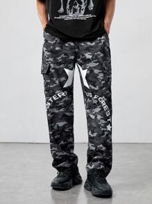 ROMWE MEN Guys Camo & Letter Graphic Cargo Pants - Multicolor - View 1