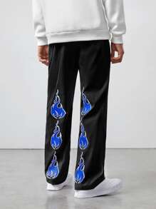 ROMWE MEN Guys Fire Print Slant Pocket Pants - Black - View 1