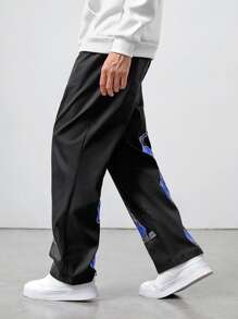 ROMWE MEN Guys Fire Print Slant Pocket Pants - Black - View 2