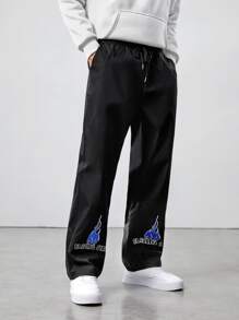 ROMWE MEN Guys Fire Print Slant Pocket Pants - Black - View 4