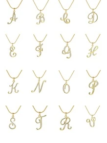 水鑽字母墜飾項鍊 - 金色 - 查看 1