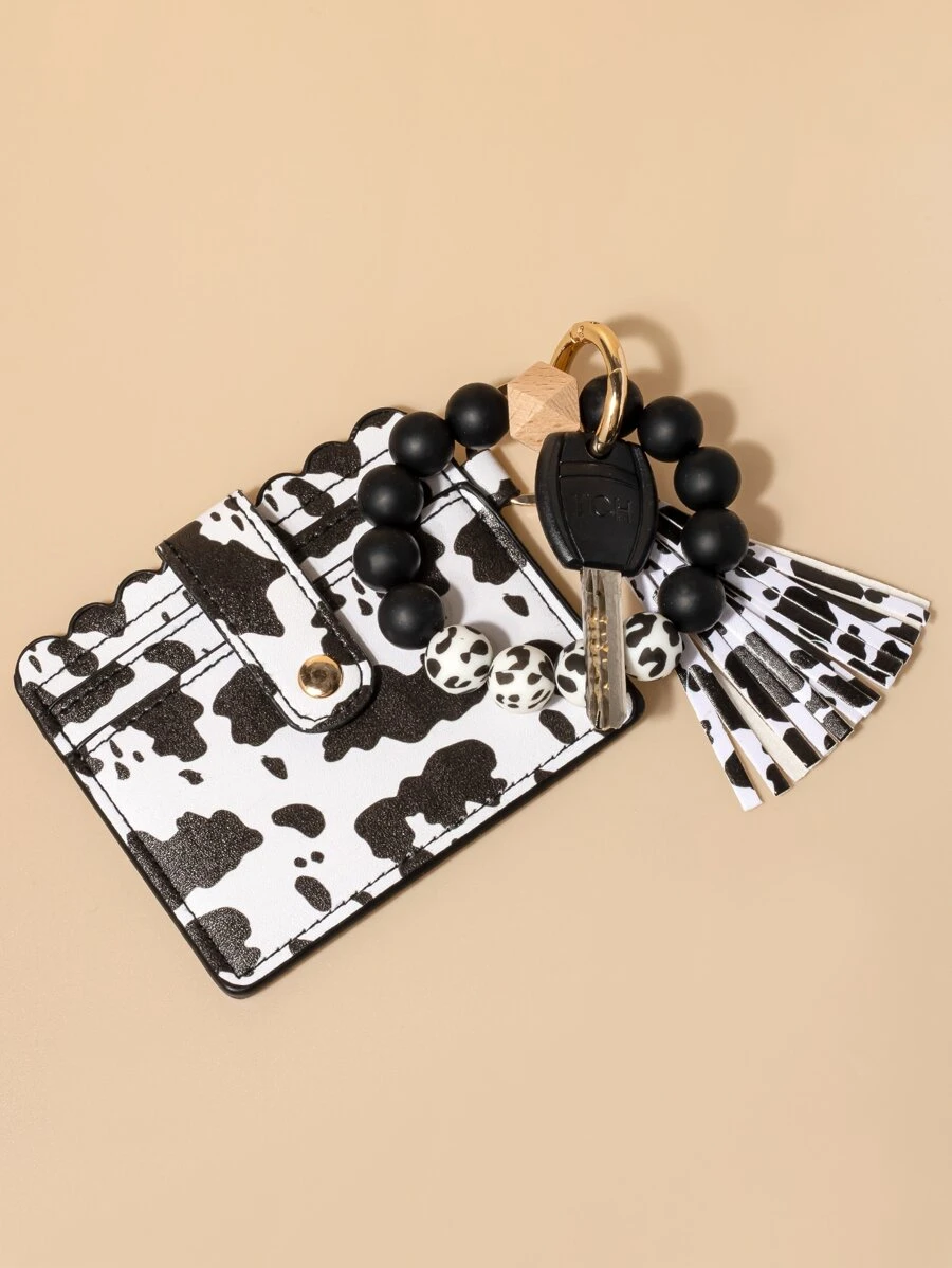 1pc Women Cow Pattern Tassel & Bead Decor Casual Style Keychain - Multicolor - View 1
