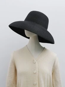 1pc Women's Black Wide Brim Sun Hat, Retro Bohemian Style Straw Hat, Foldable Packable Bucket Hat For Beach, UV Protection, Lightweight Sun Shading, Suitable For Beach, Travel, Wedding, Music Festival, Valentine's Day Gift
